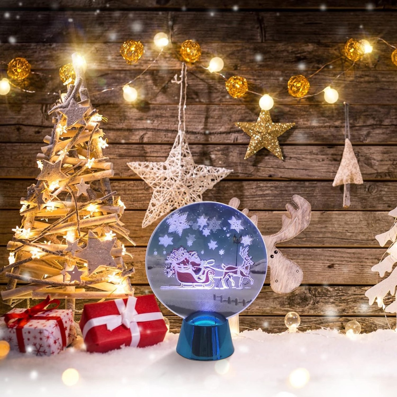 Set 3 Figurine Luminoase Decorative pentru Craciun, Albastru, diametru 9cm, Lumina Alba Calda - 2 | YEO