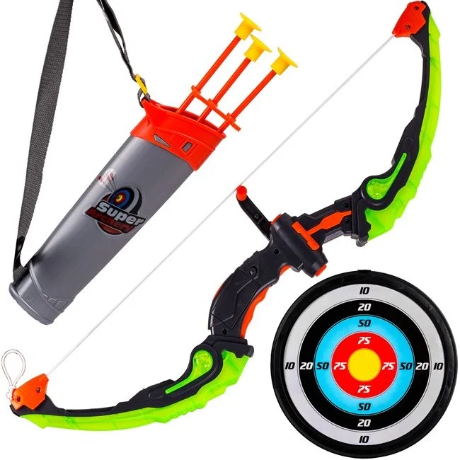 Set arc 60cm si Darts, include tolba cu pozitii pentru sageti su 3 sageti, diametru 25cm, multicolor
