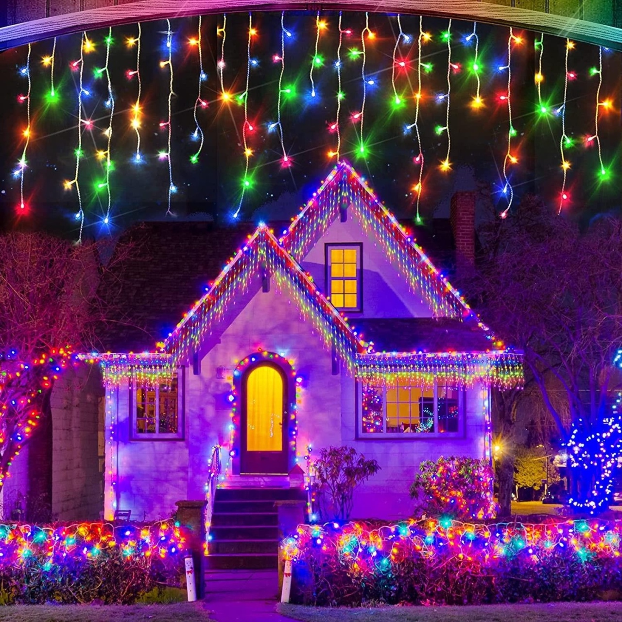 Set de 3 Instalatii pentru Craciun Tip Turturi, Lungime 4m, 8 jocuri de Lumini, Fir Alb, Lumina Multicolora - 1 | YEO