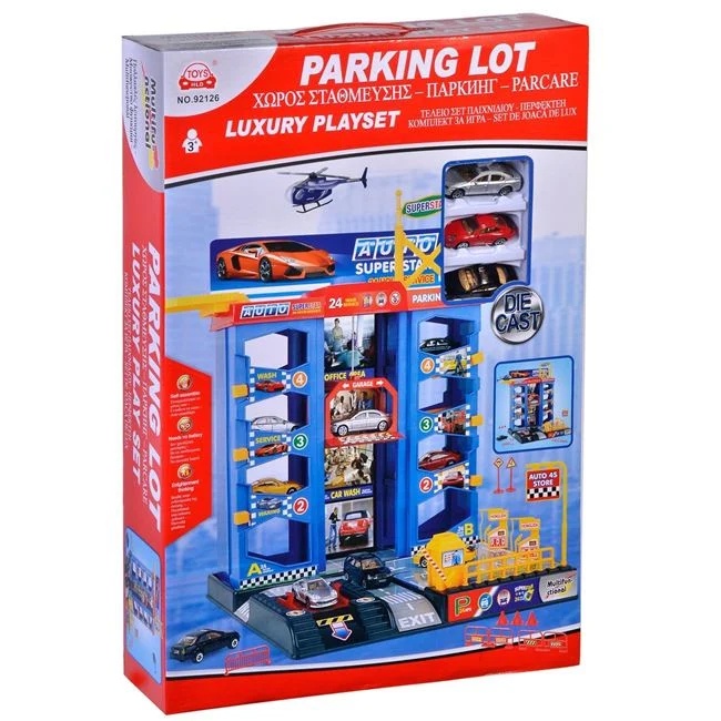 Set de joaca format din garaj si vehicule, cu 4 nivele si locuri pentru masini, multicolor
