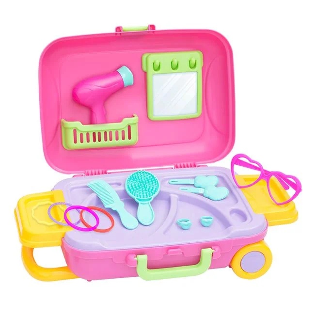 Set de joaca valiza cu roti, cu 18 piese pentru coafor, din plastic, 24x12x36cm, multicolor