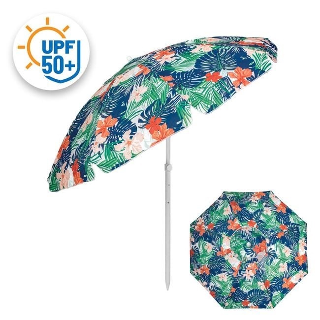 Umbrela de Plaja Anti Vant, cu Model Flori Tropicale, UPF 50+, Rama din Aluminiu, Ø2m, Multicolor - 1 | YEO