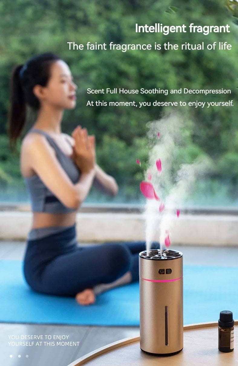 Umidificator si Difuzor de Parfum Pentru Casa sau Masina, Compact, Fara Fir, 300ml, 2W, Auriu/Negru - 2 | YEO