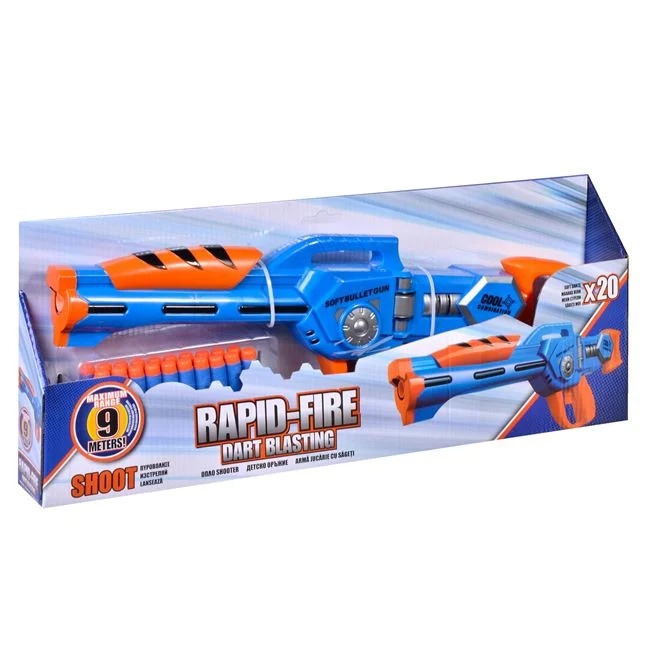 Arma de jucarie cu 20 de sageti Foam, raza de actiune 9m, lungime 48cm, albastru-portocaliu