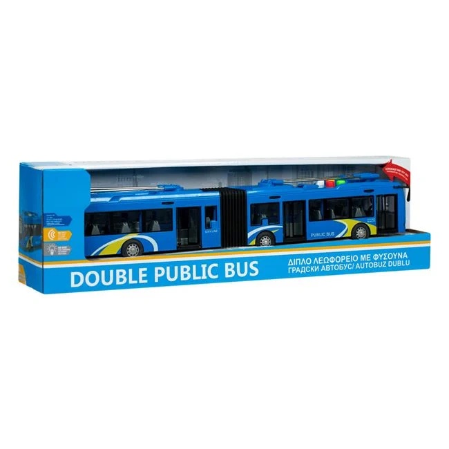Autobuz dublu, cu sunete si lumini, cu usi care se deschid, 50x9.5x13cm, albastru