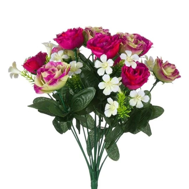 Buchet decorativ din flori artificiale, din flori albe si roz cu frunze verzi, 35 cm, roz/alb/verde