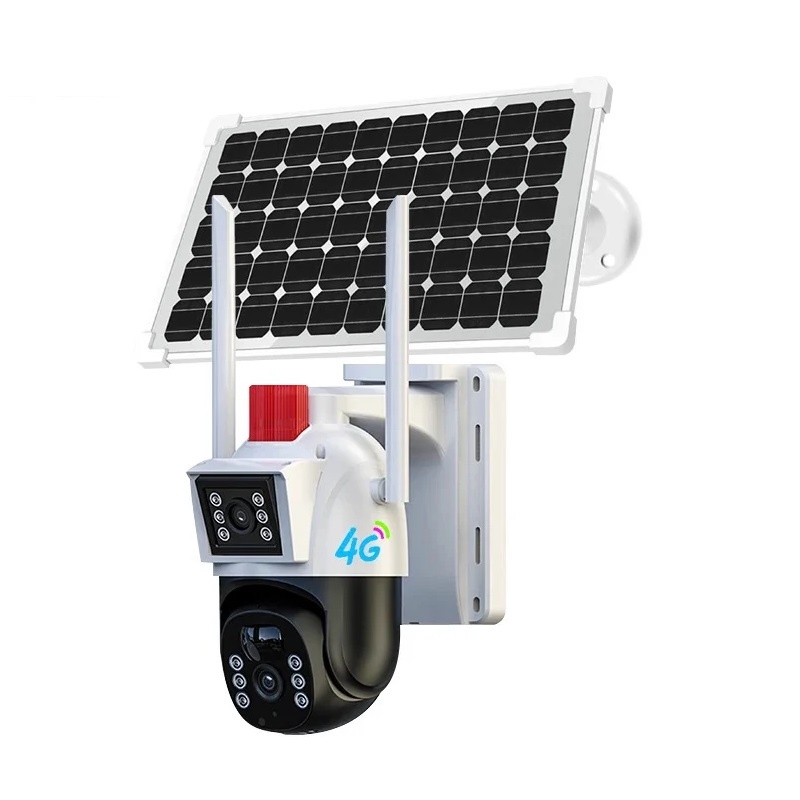 Camera duala de supraveghere de exterior cu panou solar, 4G SIM card, 3x3MP, HD, IP66, senzor miscare, infrared, alb cu negru