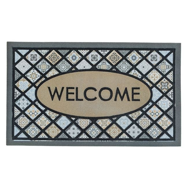 Covoras pentru intrare din cauciuc cu suprafata textila, model tiles cu mesajul WELCOME, 75x45 cm, gri