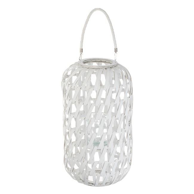 Felinar decorativ cu rama cilindrica din lemn si model impletit, baza din sticla pentru lumanare si maner din sfoara groasa, suspendabil, 10x12 cm, alb