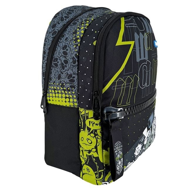 Ghiozdan cu Fermoar Mare, model Skateboard cu Cranii, 30x19x44 cm, negru cu verde, - 2 | YEO