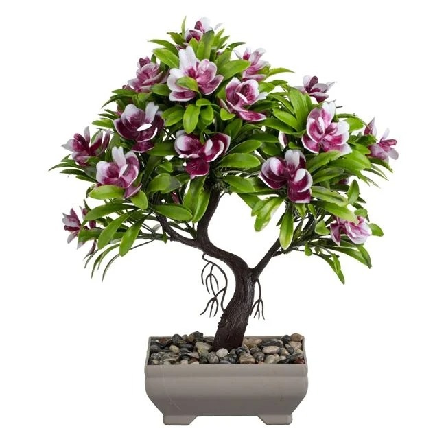 Ghiveci decorativ cu planta bonsai artificiala cu flori roz, Ø15x22cm, gri/verde/roz