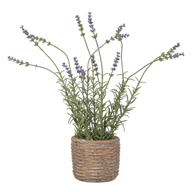 Ghiveci decorativ din ceramica, imitatie impletituri rachita, cu planta artificiala de lavanda, Ø11x36cm, maro/verde
