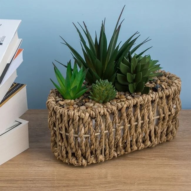 Ghiveci decorativ impletit cu 5 plante suculente artificiale, decorat cu pietre mici, 19x8x17 cm, maro/verde - 1 | YEO