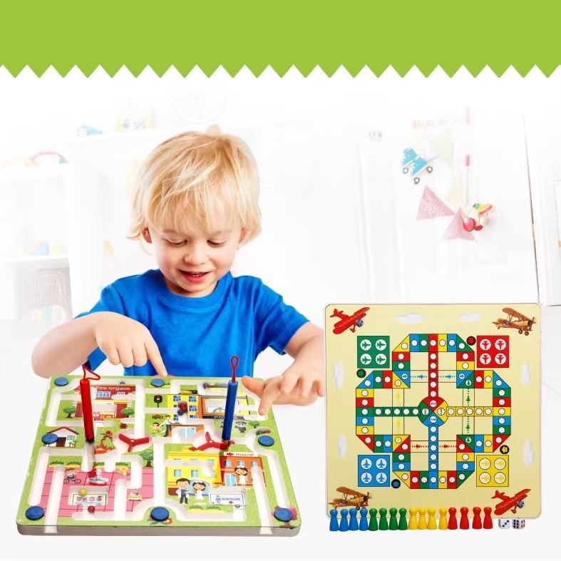 Joc cu labirint 2 in 1 pentru copii 3 ani+, din lemn, cu 2 jocuri diferite oras/avioane, 25x25x1.5 cm, multicolor - 1 | YEO