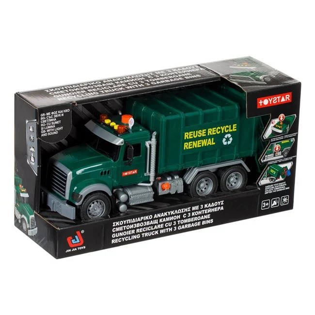 Jucarie camion gunoier, cu 3 pubele, cu lumina si sunet, 42x14x21.5cm, verde