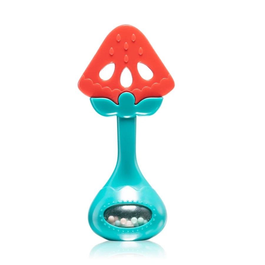 Jucarie de dentitie si zornaitoare pentru bebelusi, capsunica, din silicon si plastic, 13x6 cm, rosu-verde