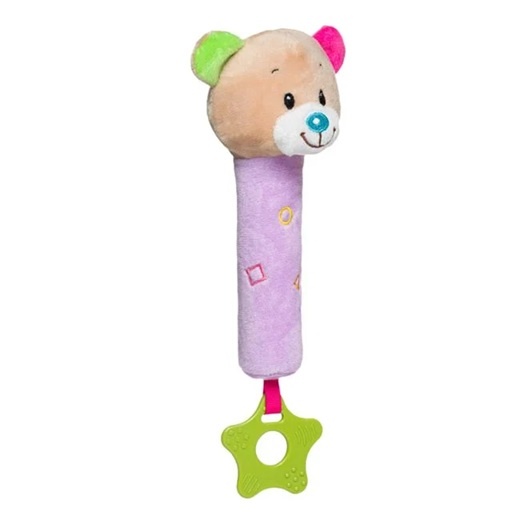 Jucarie pentru dentitie sub forma de ursulet, Bebelusi si copii 0+ ani, Cu zornaitoare, Plus, 10x18 cm, Lila - 3 | YEO