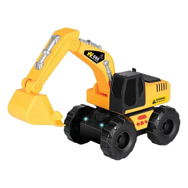 Jucarie vehicul de santier, excavator cu roti mari, cu sunet si lumini, 29x15x18cm, galben-negru