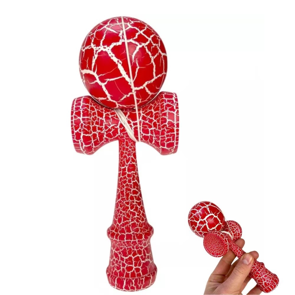Kendama profesionala din lemn, model 18 cm, design crapat, culoare Rosu/Alb