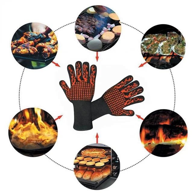 Mănuși BBQ Negre cu Modele Roșii, Rezistente la Temperatură, Set 2 Bucăți - 2 | YEO