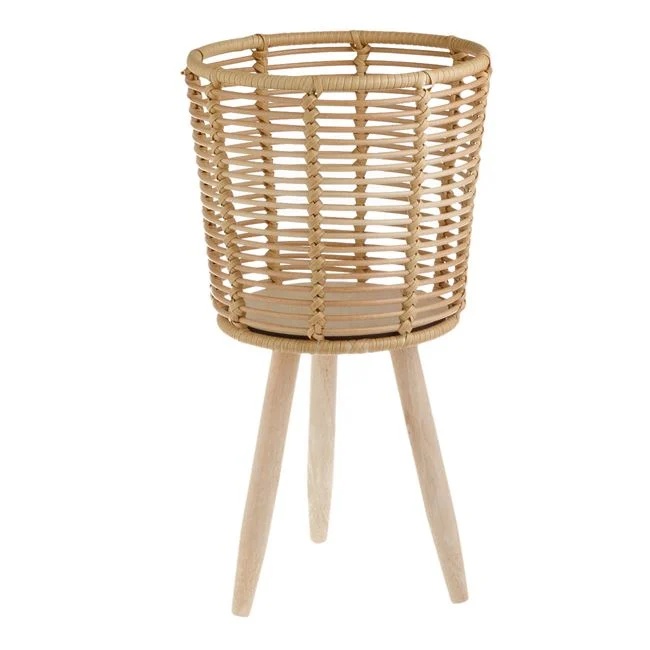 Masca ghiveci, din lemn cu model impletit si picioruse, diametru 25x46.5cm, bej - 1 | YEO