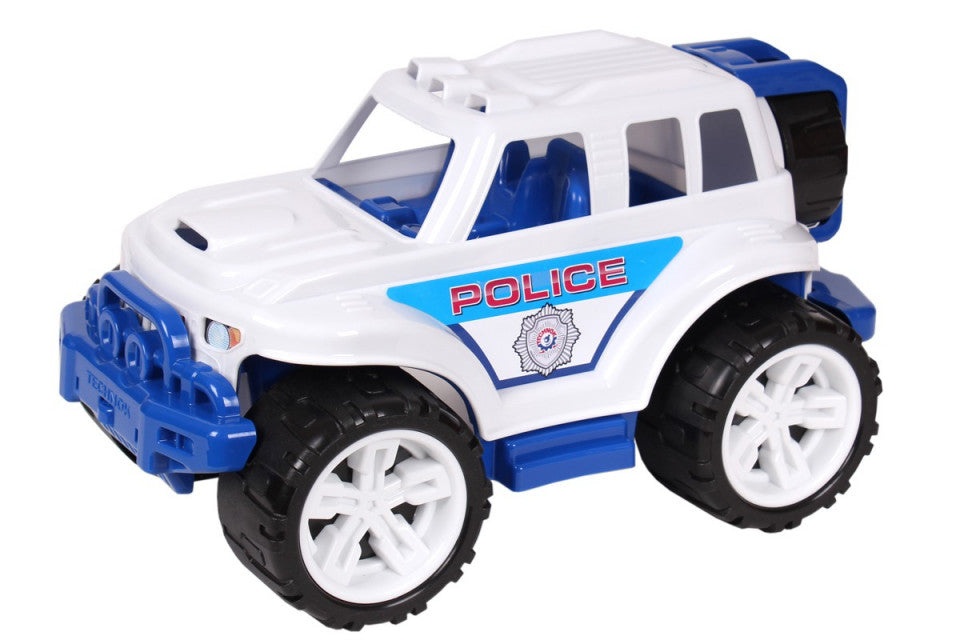 Masinuta de jucarie pentru copii de 3 ani+, de politie, SUV 4x4, cu roata de rezerva, alb - albastru