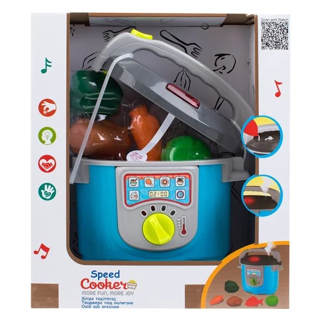 Oala sub presiune de jucarie, cu alimente, sunet si lumina, din plastic, 19x11x17cm, multicolor