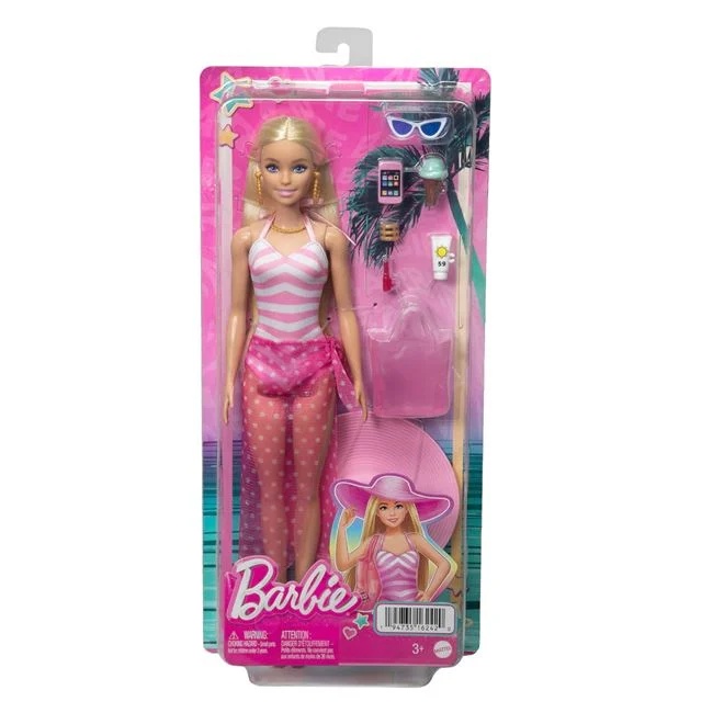 Papusa Barbie Beach Glam in costum de baie si accesorii incluse, varsta 3+ ani, 15x6x32cm, roz