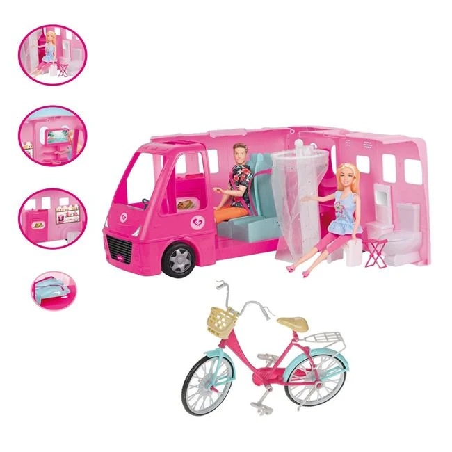 Rulota si bicicleta de jucarie cu papusi incluse, varsta 3+ ani, din plastic, 65x25x29cm, roz