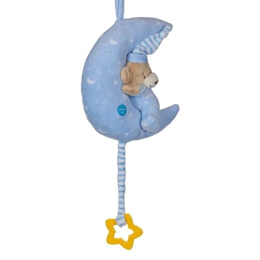 Semiluna agatatoare cu ursulet pentru patutul bebelusilor, Cu sunete si lumina ambientala, Functionare cu baterii, Plastic si poliester, 23x14x24cm, Bleu
