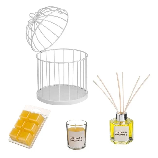 Set citronella cu ulei parfumat, Lumanare si Wax Melts in colivie, Ø13x20cm, alb