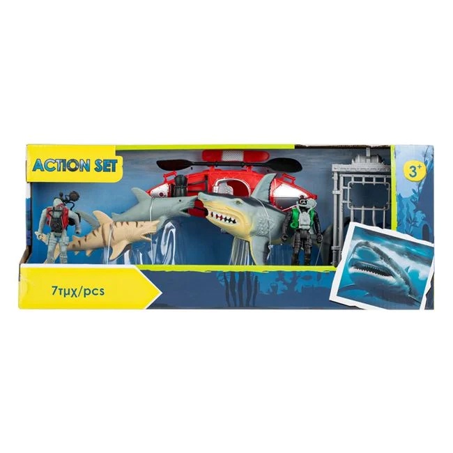Set cu 2 scafandri si 3 rechini, cu o cusca si barca, 45x12.5x18cm, multicolor - 1 | YEO