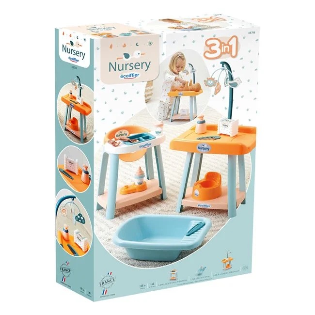 Set de joaca Ciel pentru ingrijirea bebelusului 3in1, include scaun si accesorii, varsta 18+ luni, 38.5x13x58.5cm, multicolor