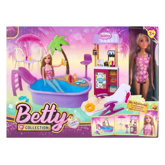 Set de joaca piscina cu sezlong, cu bar si papusa, accesorii incluse, varsta 3+ ani, 45x7x33cm, multicolor