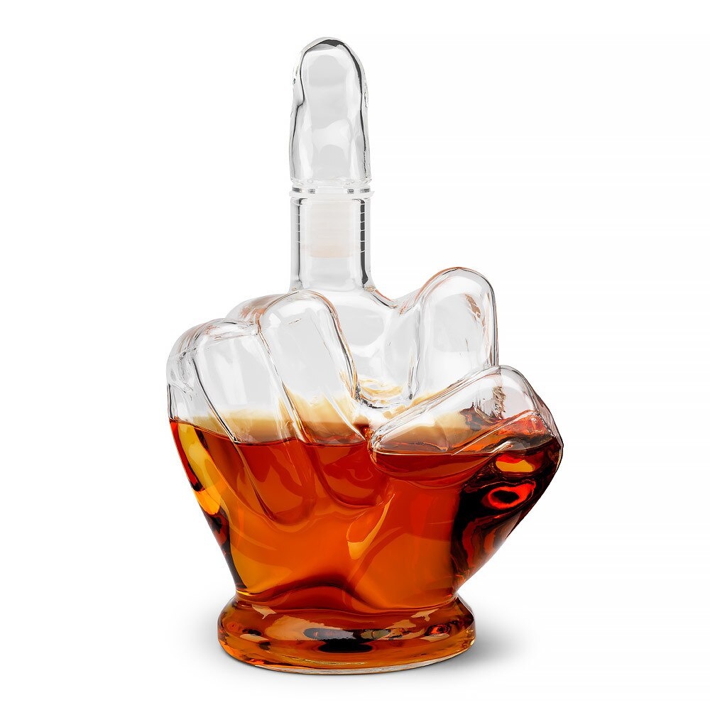 Set decantor din sticla 750ml in forma de mana + 2 pahare si suport din lemn, transparent-maro inchis - 1 | YEO