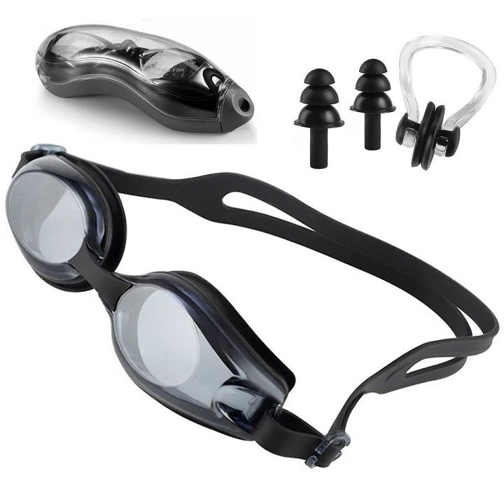 Set pentru inot, Ochelari, Dopuri de urechi, Clema nas, Toc inclus, Filtru UV, Negru