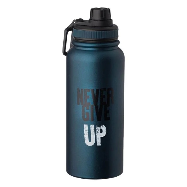 Sticla izoterma din otel inoxidabil, mesaj „Never Give Up”, capacitate 950ml, albastru