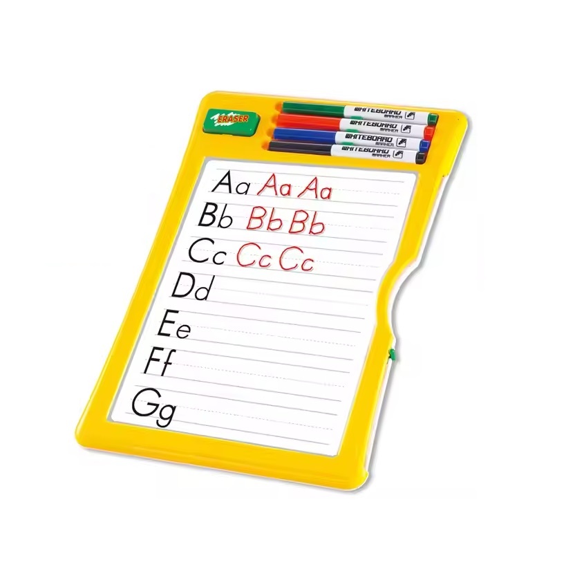 Tabla de desen si invatat pentru copii 3 ani+, cu 4 carioci colorate, 8 sabloane si un burete de sters, galben