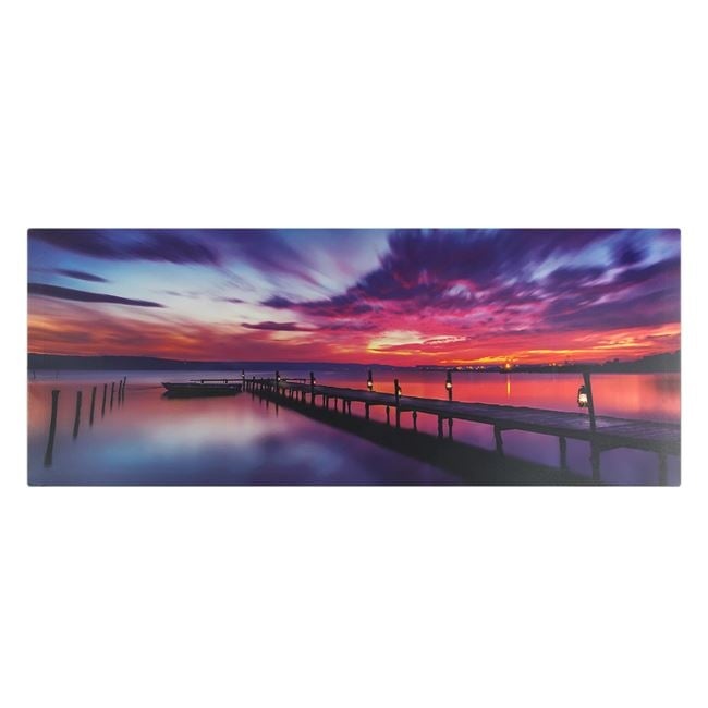 Tablou decorativ cu iluminare led interioara, peisaj dig la apus de soare, 100x40x1.5 cm, multicolor