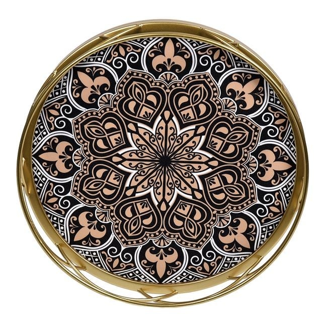 Tava decorativa cu inel pentru servit, metalica, cu design de tip mandala, Ø32cm, auriu/maro nude - 1 | YEO