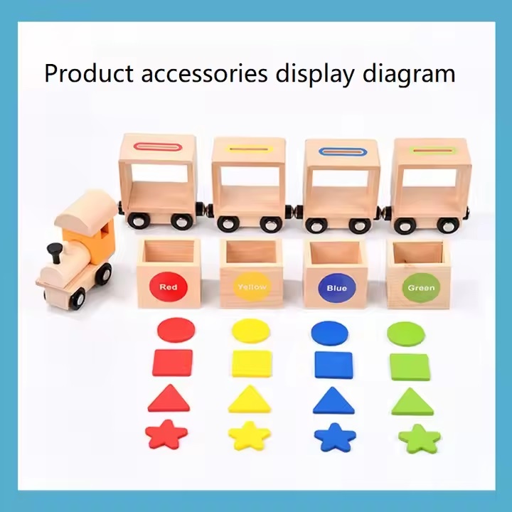 Trenulet de jucarie, educativ, sortator, pentru copii 2 ani+, din lemn, 35 cm lungime, multicolor - 3 | YEO