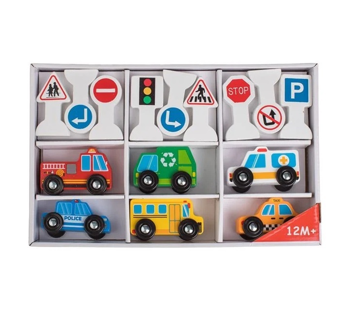 Vehicule din Lemn cu Roți si Forme, 15 Piese, 3ani+, 29.5×4.5×19 cm