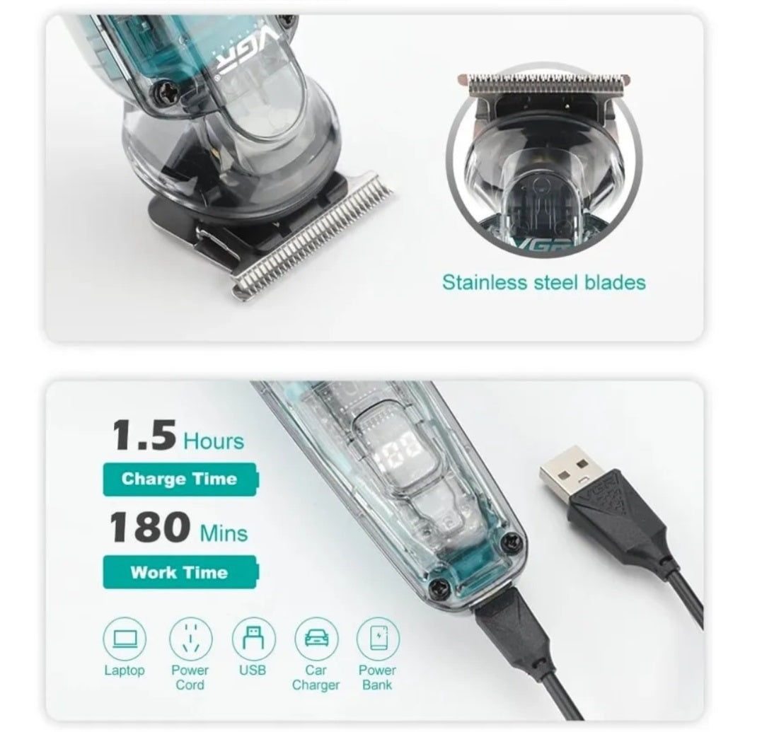 Aparat de tuns 2 in 1, VGR V-949, Fara Fir, 3W, Baterie 1200mAh, 4 Distantiere, Gri Transparent - 2 | YEO