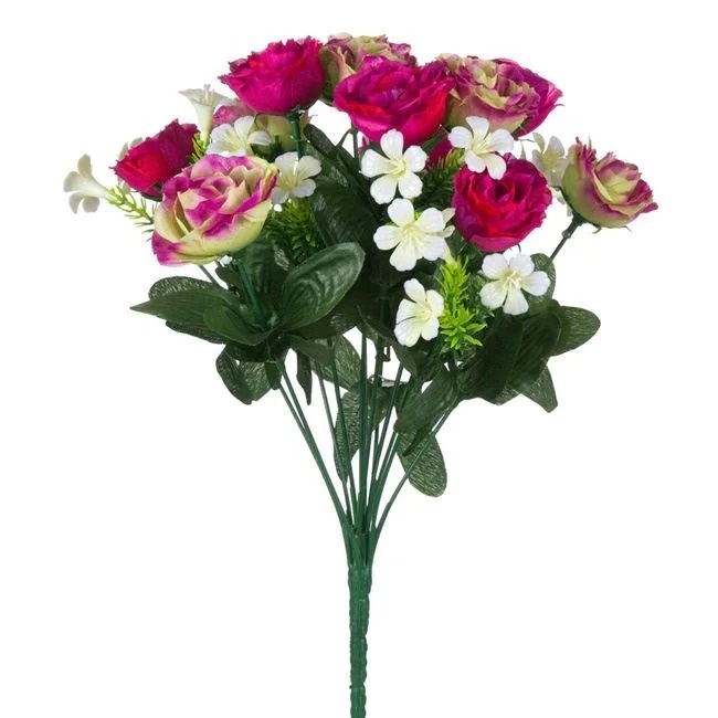 Buchet decorativ din flori artificiale, din flori albe si roz cu frunze verzi, 35 cm, roz/alb/verde - 1 | YEO