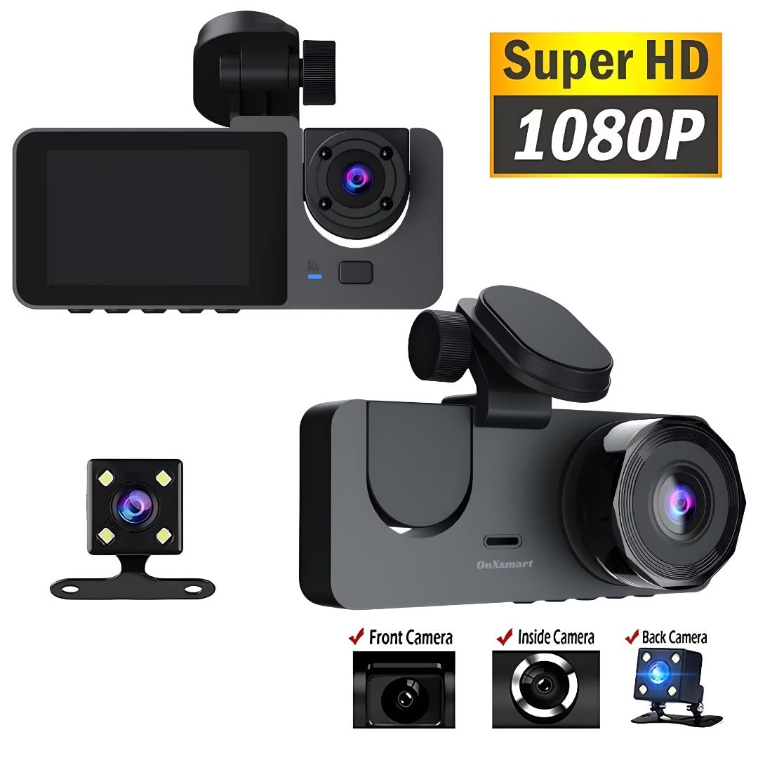 Camera auto DVR tripla, Full-HD, Ecran IPS 2.35
