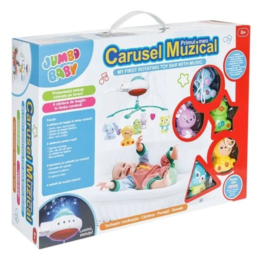 Carusel muzical pentru patutul bebelusilor, 12 cantece si 4 povestioare in limba romana, Functie de proiector, Functionare cu baterii 3xAAA (neincluse), Cu animalute, Plastic, 46x12x34cm, Multicolor