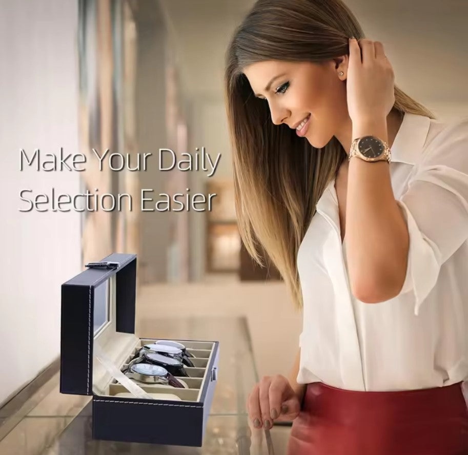 Cutie de depozitare pentru 6 ceasuri, din piele ecologica, design elegant, negru - 2 | YEO