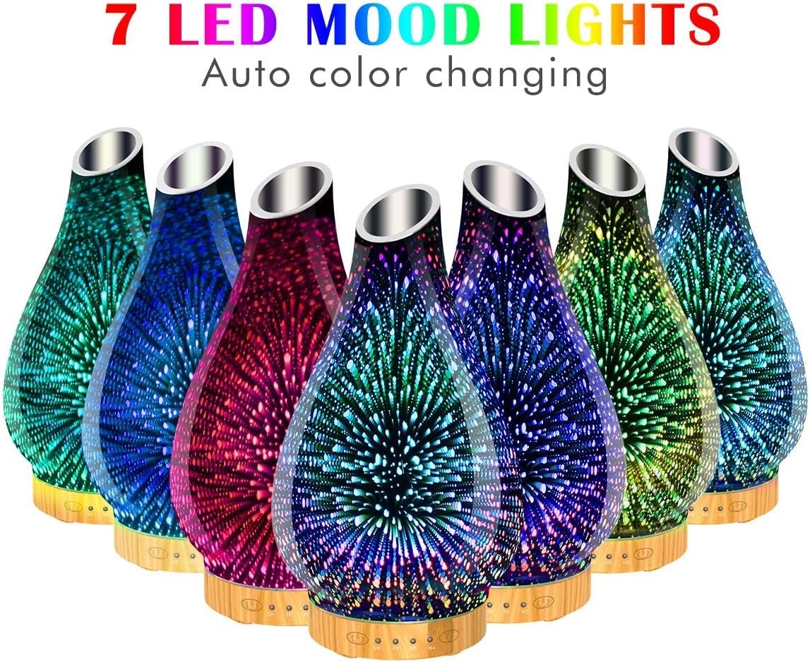 Difuzor aromaterapie cu uleiuri esentiale, sticla, 3D LED, umidificator - 1 | YEO