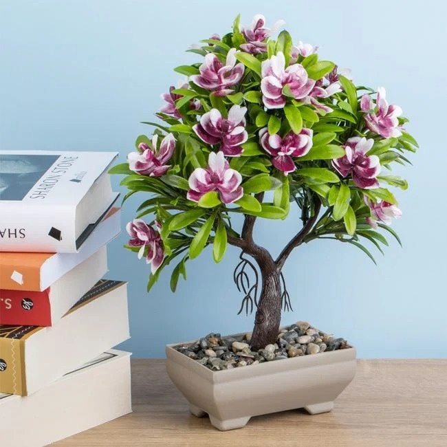 Ghiveci decorativ cu planta bonsai artificiala cu flori roz, Ø15x22cm, gri/verde/roz - 1 | YEO
