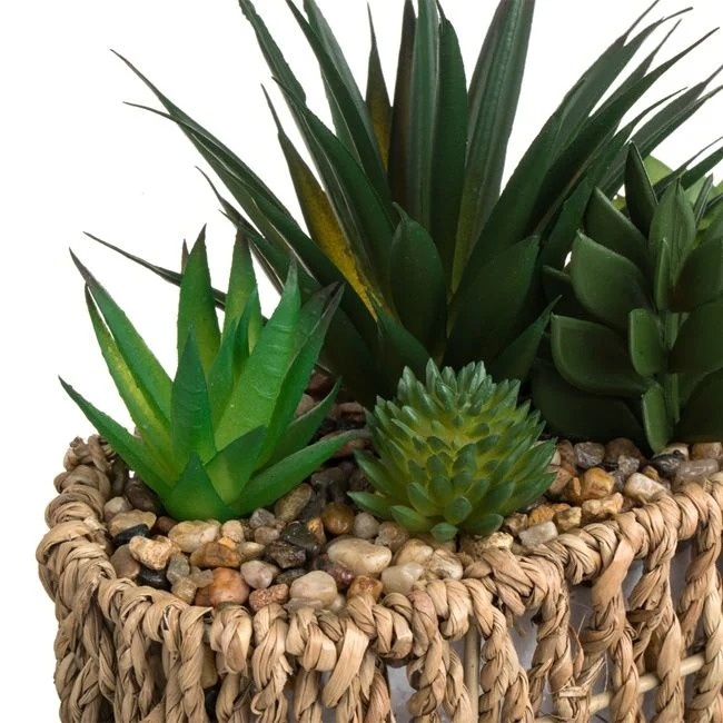 Ghiveci decorativ impletit cu 5 plante suculente artificiale, decorat cu pietre mici, 19x8x17 cm, maro/verde - 2 | YEO